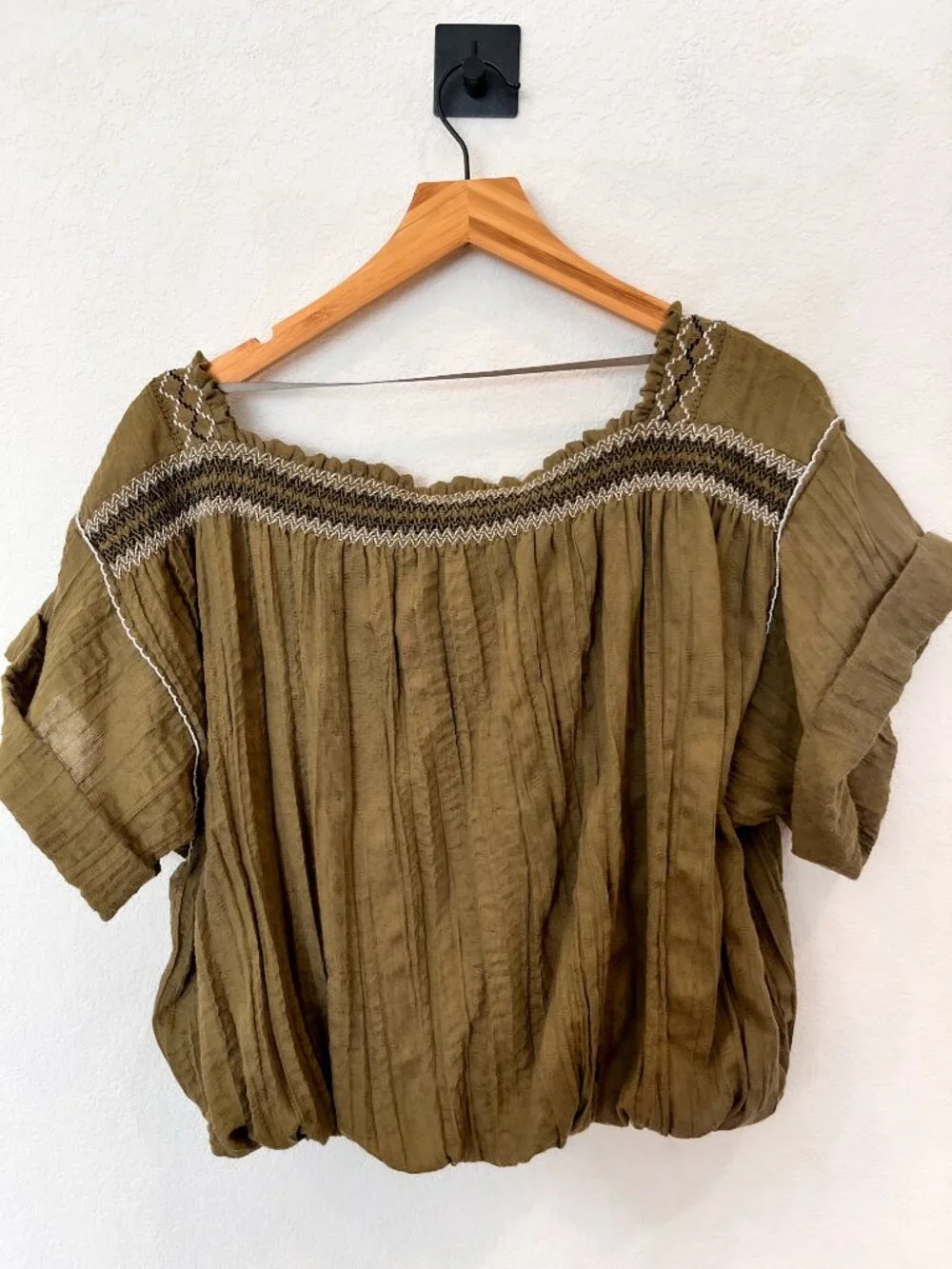 Free People Wandering Skies Blouse Smocked Moss Green L